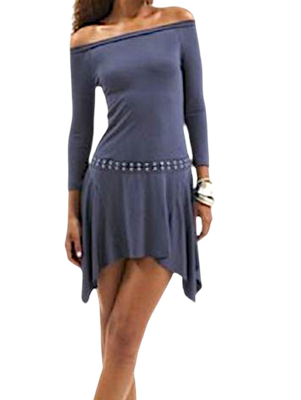 Off-Shoulder  Blue/Grey Asymmetrical Hem, Drop Waist Dress Silence + Noise NWOT